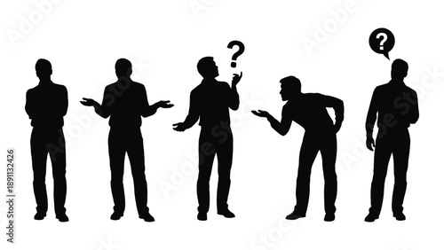 Silhouettes of five men in various poses with question marks above their heads