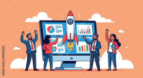 Business team celebrating success with rocket launch on computer screen