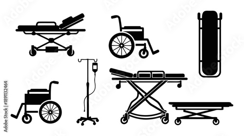 Medical equipment and patient transport devices in silhouette, featuring gurneys, stretchers, wheelchairs, and IV stand