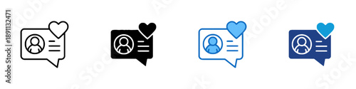 Message icon variations: outline, filled black, and two blue styles, each featuring user profile and heart symbol