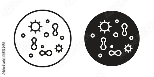Microorganism shapes in petri dish outline and solid black, bacteria and virus icon set, science vector