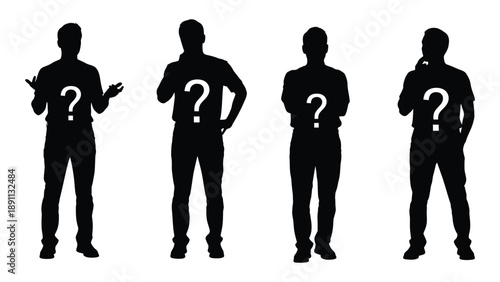 Four silhouetted figures with question marks obscuring their faces presenting a sense of mystery