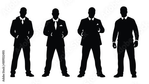 Silhouettes of four men in suits and ties standing in a row