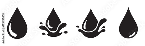 Oil drops and splashes black and white vector icons symbolizing liquids fuel or dark substances for design and illustration purposes