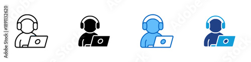 Operator working on laptop computer with headset, representing online support and remote work, available in multiple styles
