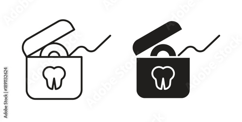 Open dental floss container icon with tooth symbol, outline and solid black versions. Represents oral hygiene, dental care, mouth health, cleaning, and fresh breath.