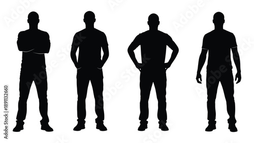 Four silhouetted men stand in a row arms crossed or on hips