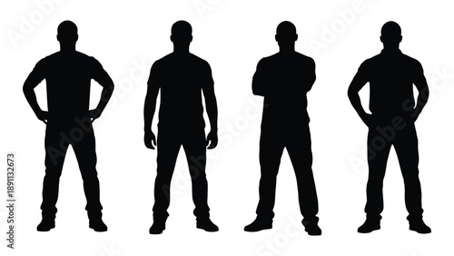 Four silhouetted men standing with hands on hips facing forward