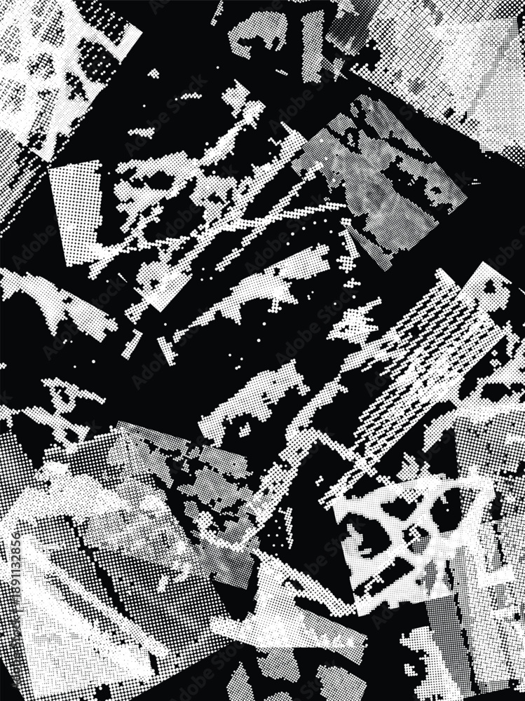 Naklejka premium Glitch distorted grungy isolated layers . Design element for brochure, social media, posters, flyers. Overlay texture.Textured banner with Distress effect .Vector halftone dots . Screen print texture