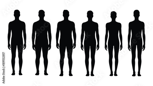 A row of six identical black silhouettes representing human figures standing in profile