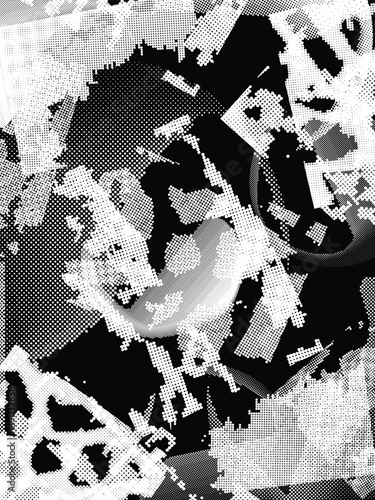 Glitch distorted grungy isolated layers . Design element for brochure, social media, posters, flyers. Overlay texture.Textured banner with Distress effect .Vector halftone dots . Screen print texture