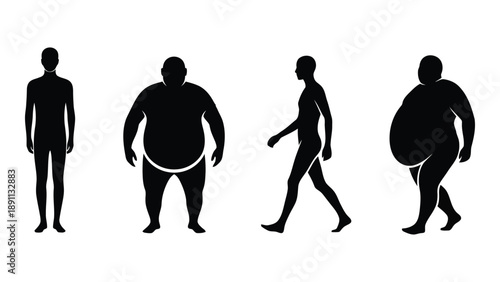 Silhouettes depicting varying human body types and weights from slender to obese