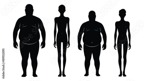 Silhouettes depicting contrasting body types overweight and extremely underweight figures