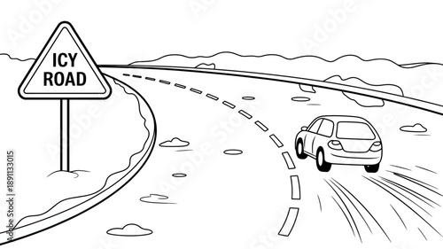 A car skidding on a dangerous icy road, with a warning sign indicating hazardous conditions ahead