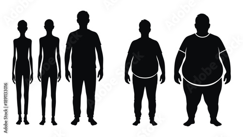 Silhouettes depicting varying human body types illustrating weight and size differences