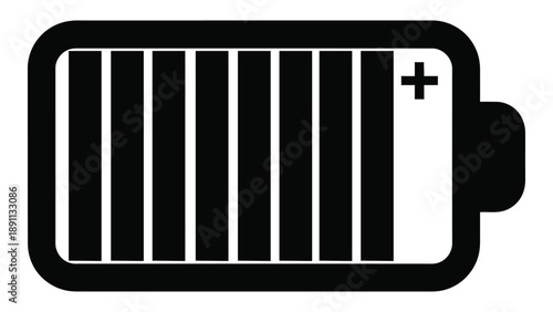 A black and white illustration depicting a battery with a high charge level