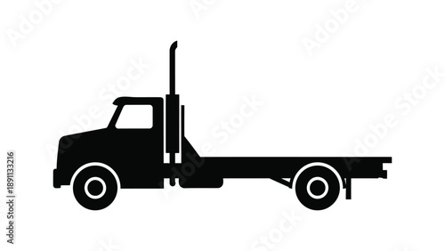 A simple black silhouette of a flatbed truck shown in profile view