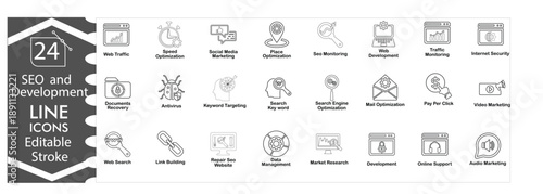 SEO and development icons set, search engine optimization, web development, coding, analytics, website performance, technology, professional design editable stroke vector Illustration