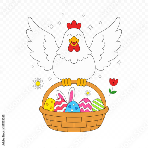 Happy Easter. A funny, proud chicken on a basket with colorful Easter eggs and bunny ears, isolated on a light background with flowers. Vector illustration.