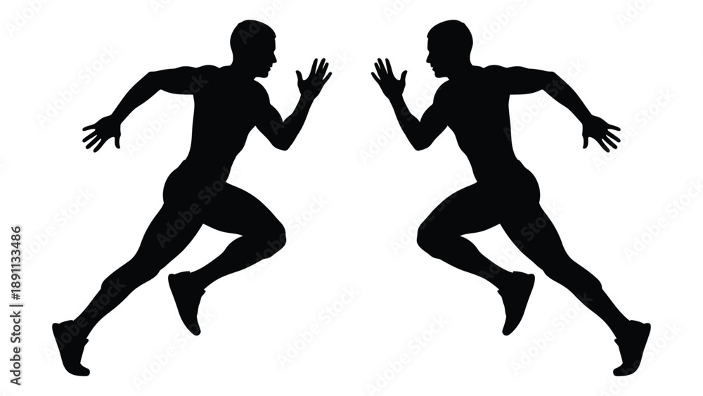 Fototapeta premium Two silhouetted figures are depicted in dynamic running poses against a white background