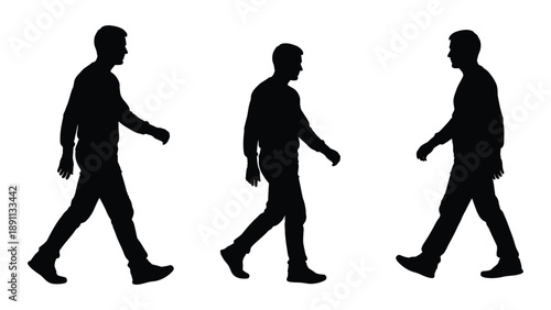 Three silhouetted figures of men walking in a linear arrangement against a white background
