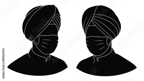 Two silhouetted figures wearing turbans and face masks depicted in a minimalist style