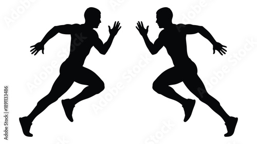Two silhouetted figures are depicted in dynamic running poses against a white background