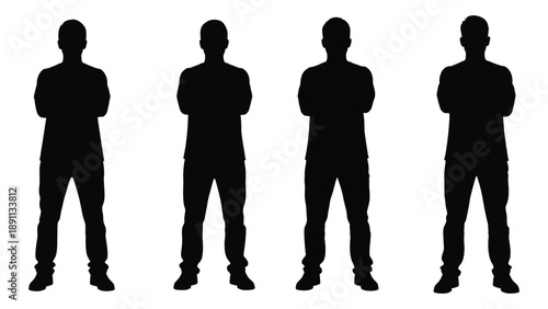 Four identical silhouettes of men standing with arms crossed against a white background