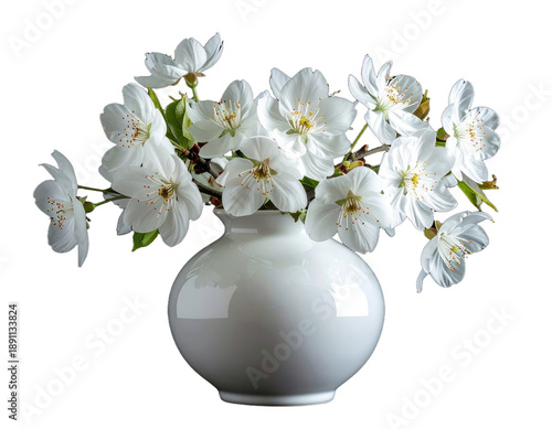 White flowers blooming from branches, arranged in a simple, curved ceramic vase against a black background