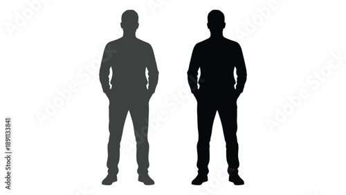 Two silhouetted figures of men standing facing forward against a white background