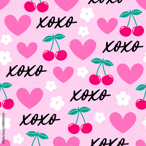 Cute cherry, flower, heart and word "XOXO" seamless pattern design for Valentine's Day background.