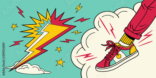 lightning bolt, sneaker, sky, clouds, explosion, stars, colorful, pop art style, dynamic, vibrant

