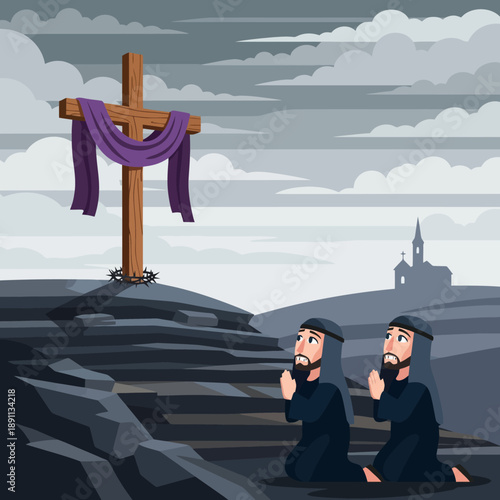 Devout Men Kneeling Before a Cross on a Hill