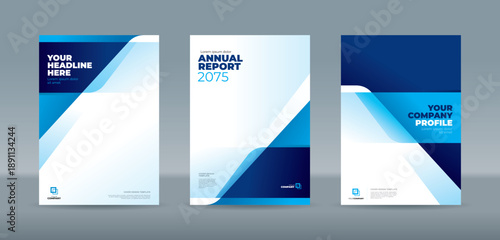 Modern diagonal geometric layers in cool blue and navy gradients with a clean layout. A4 size book cover template for annual report, magazine, booklet, proposal, portfolio