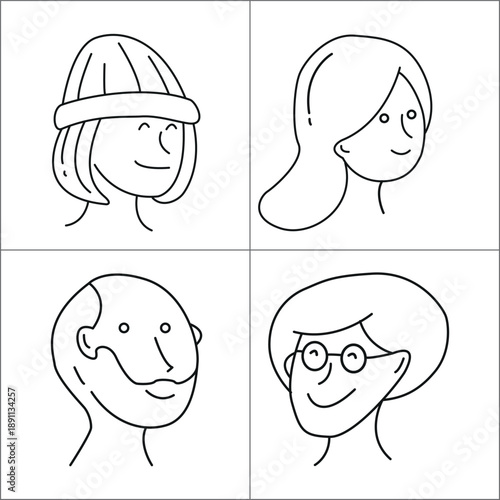 Minimalist line art avatars of diverse people with beanie and glasses