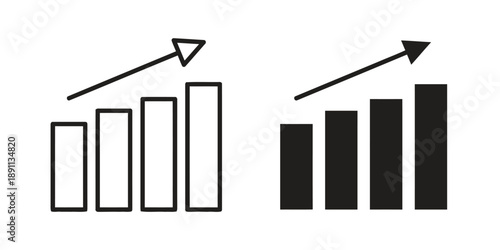 Outline and solid silhouette icons of bar chart with upward arrow, representing business growth financial increase profit rise and success analytics isolated on white background