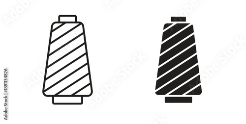 Outline and solid silhouette of a spool of thread, symbolizing sewing, tailoring, crafts, and textile industry, perfect for fashion or DIY project graphics.