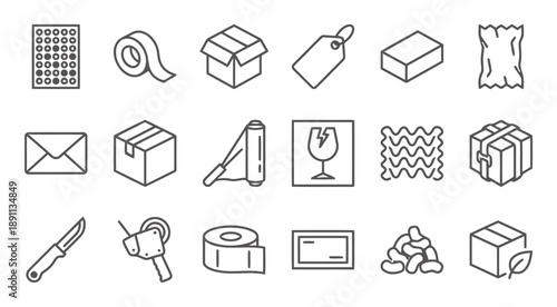 Packaging and shipping icons in isometric line art style, including tape, box, tag, envelope, bubble wrap, fragile symbol, knife, corrugated material