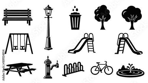 Park and outdoor recreation icons set with bench lamppost trash can tree swing slide picnic table water pump bike rack and fountain for public space design