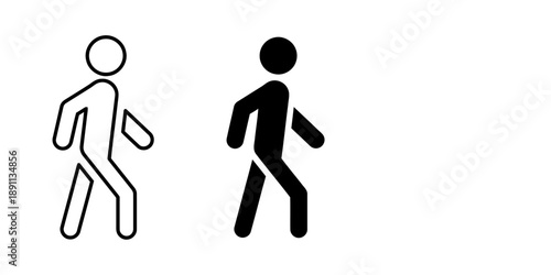 Pedestrian icons symbolizing walking and movement. Two figures, one outlined and one solid black, representing people on the move or for crosswalk signage.