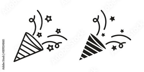 Party popper exploding with confetti stars and streamers outline and solid black graphic elements for celebration birthday event or festive occasion symbol