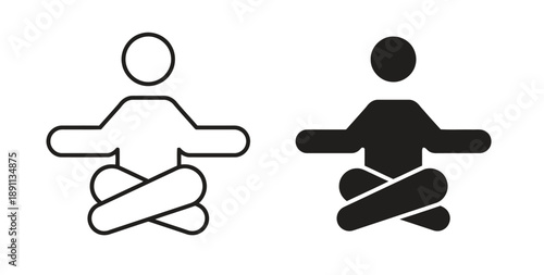 Person meditating in lotus position, yoga pose, outline and filled styles, symbolizing wellness, relaxation, and inner peace for health and spiritual practices.