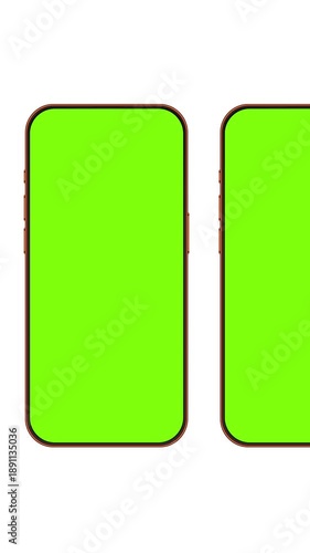 Looped smartphone carousel animation with green screens on white background. Vertical animated phone mockups for social media reels, stories and app presentation