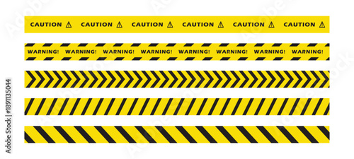 Set of caution tapes with black and yellow diagonal slashes or chevron print. Warning borders in construction work zone or crime scene. Danger, Attention tapes. Flat vector illustration design.