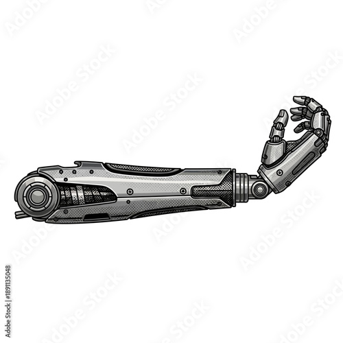 Striking Vector graphic featuring a highly detailed cybernetic prosthetic arm, a futuristic bionic limb designed with precision mechanics for various technological applications and medical innovation