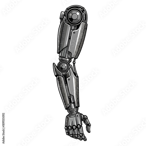 Detailed Vector illustration of a futuristic bionic prosthetic arm, showcasing advanced robotic technology and intricate mechanical design for human augmentation and support