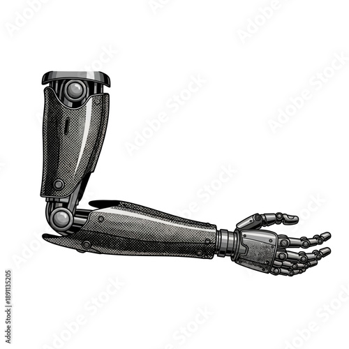 Vector Illustration of a Futuristic Robotic Bionic Arm with Articulated Fingers, Detailed Mechanical Design, and Sci-Fi Aesthetic