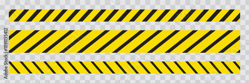 Set Of Warning tape with yellow and black diagonal stripes. Safety stripe warning caution hazard danger road vector sign symbol. Warn stop seamless line. Yellow and black caution tape border.