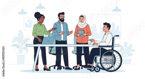 Diverse group of people interacting in an office setting with accessibility