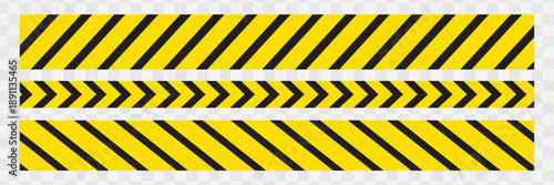 Set Of Warning tape with yellow and black diagonal stripes. Safety stripe warning caution hazard danger road vector sign symbol. Warn stop seamless line. Yellow and black caution tape border.